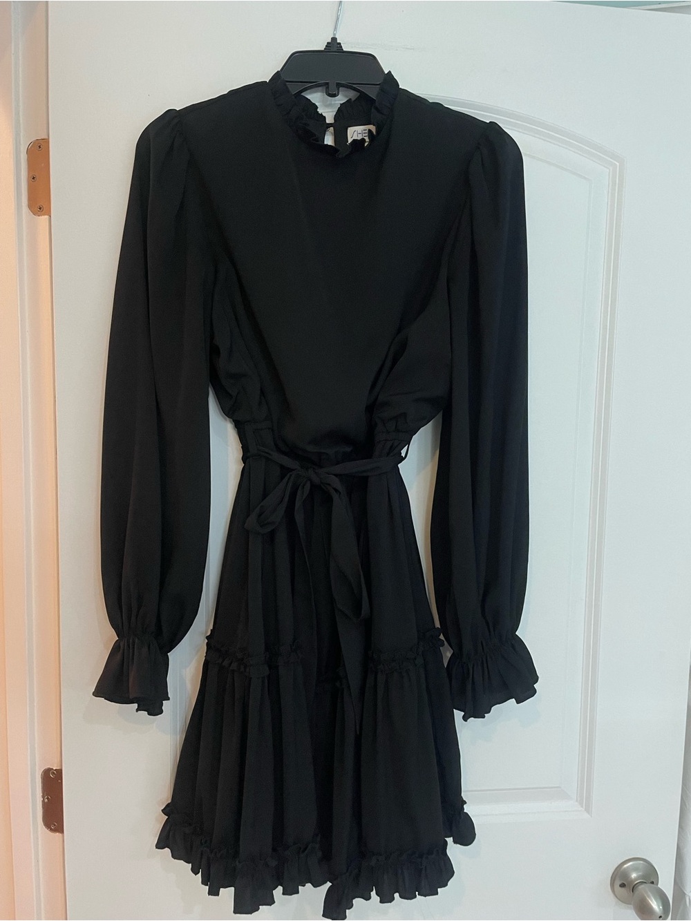 She + Sky Black Long-Sleeve Ruffle Tie-Waist Dress